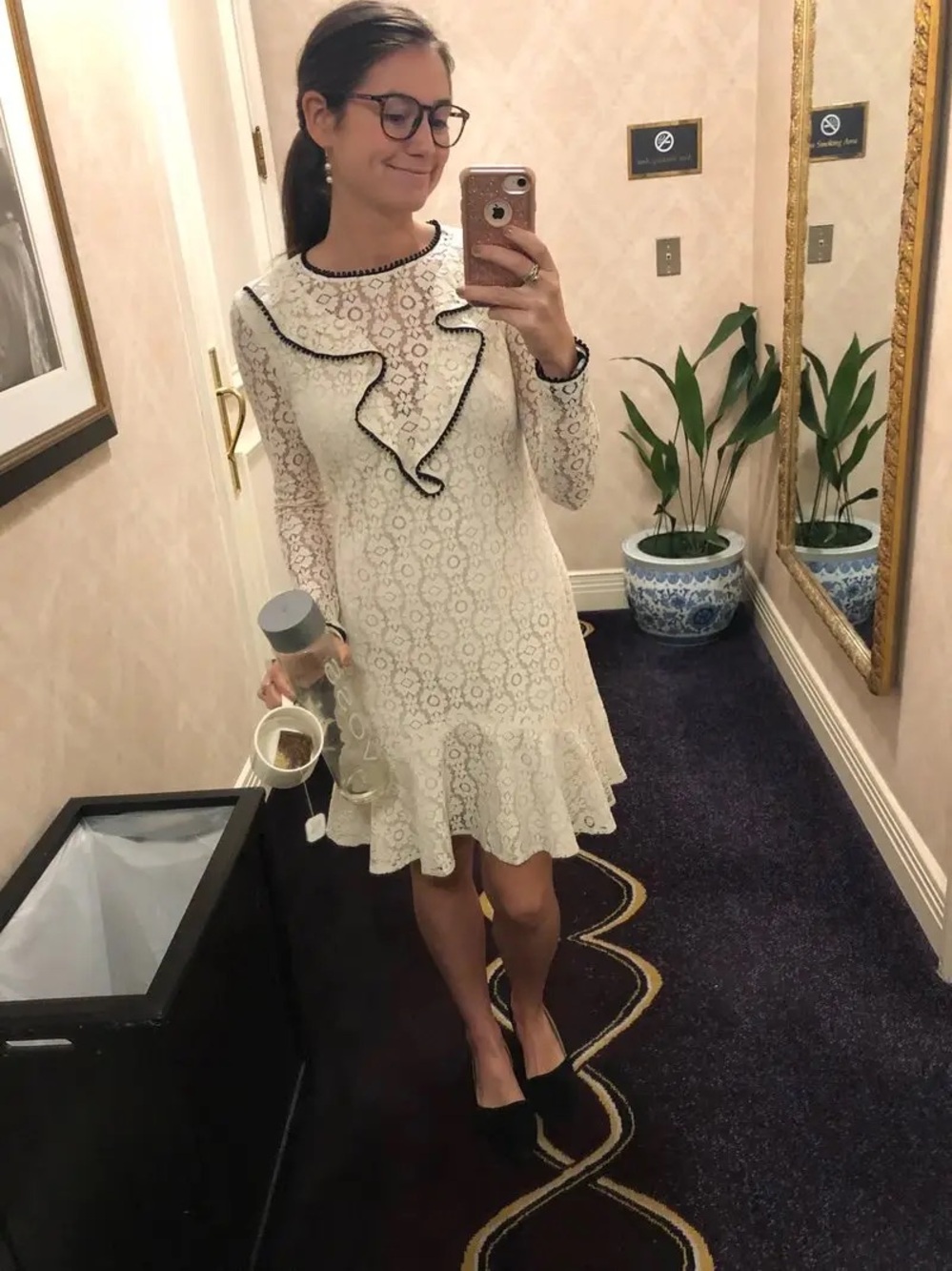 Monique Lhuillier White Lace Long-Sleeve Ruffle Dress with Black Trim - Picture 6 of 13